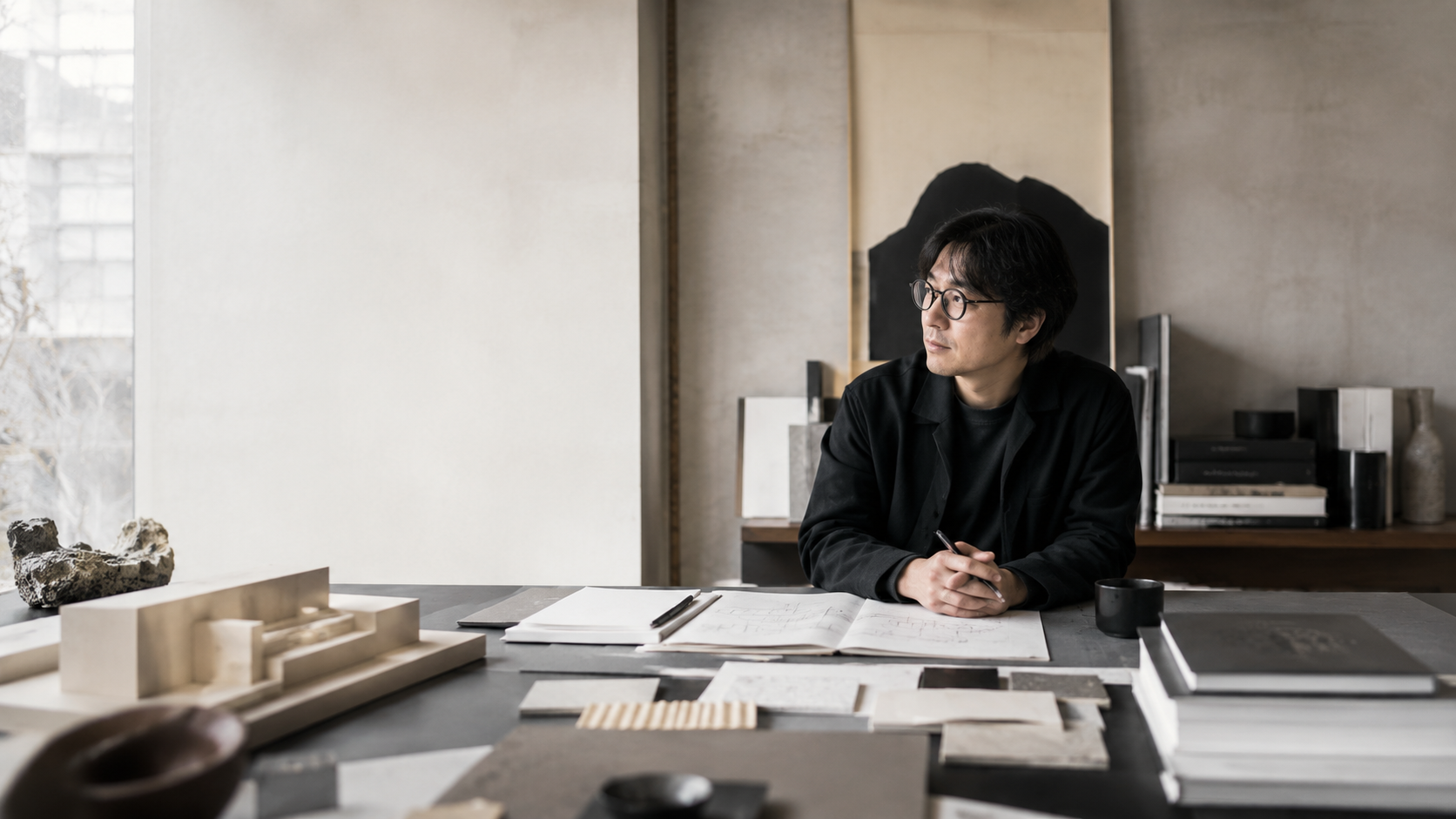 Designer seated in a quiet studio with sketches, material samples and architectural models