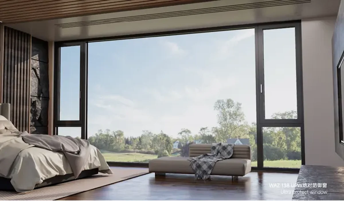 Interior window system framing daylight, landscape views and a quiet bedroom threshold