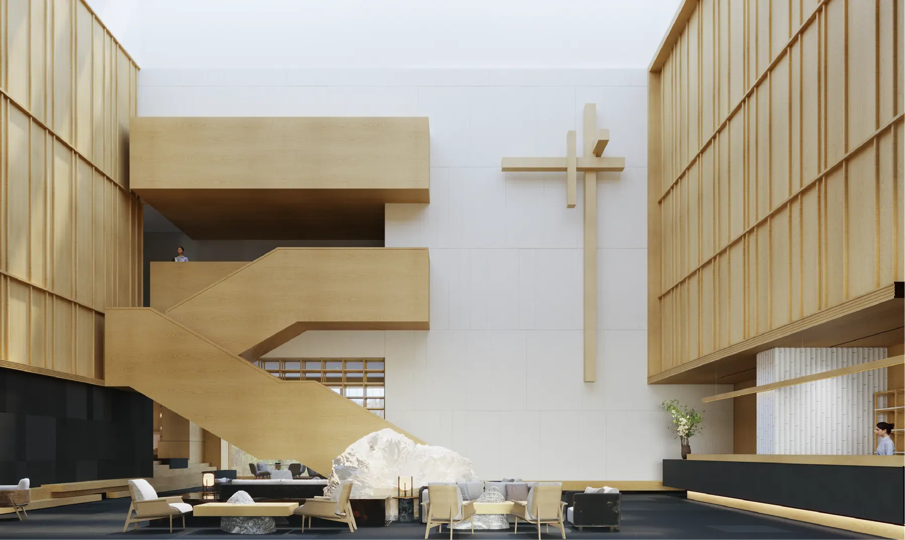 Chinese hospitality interior with warm materials and a calm spatial atmosphere