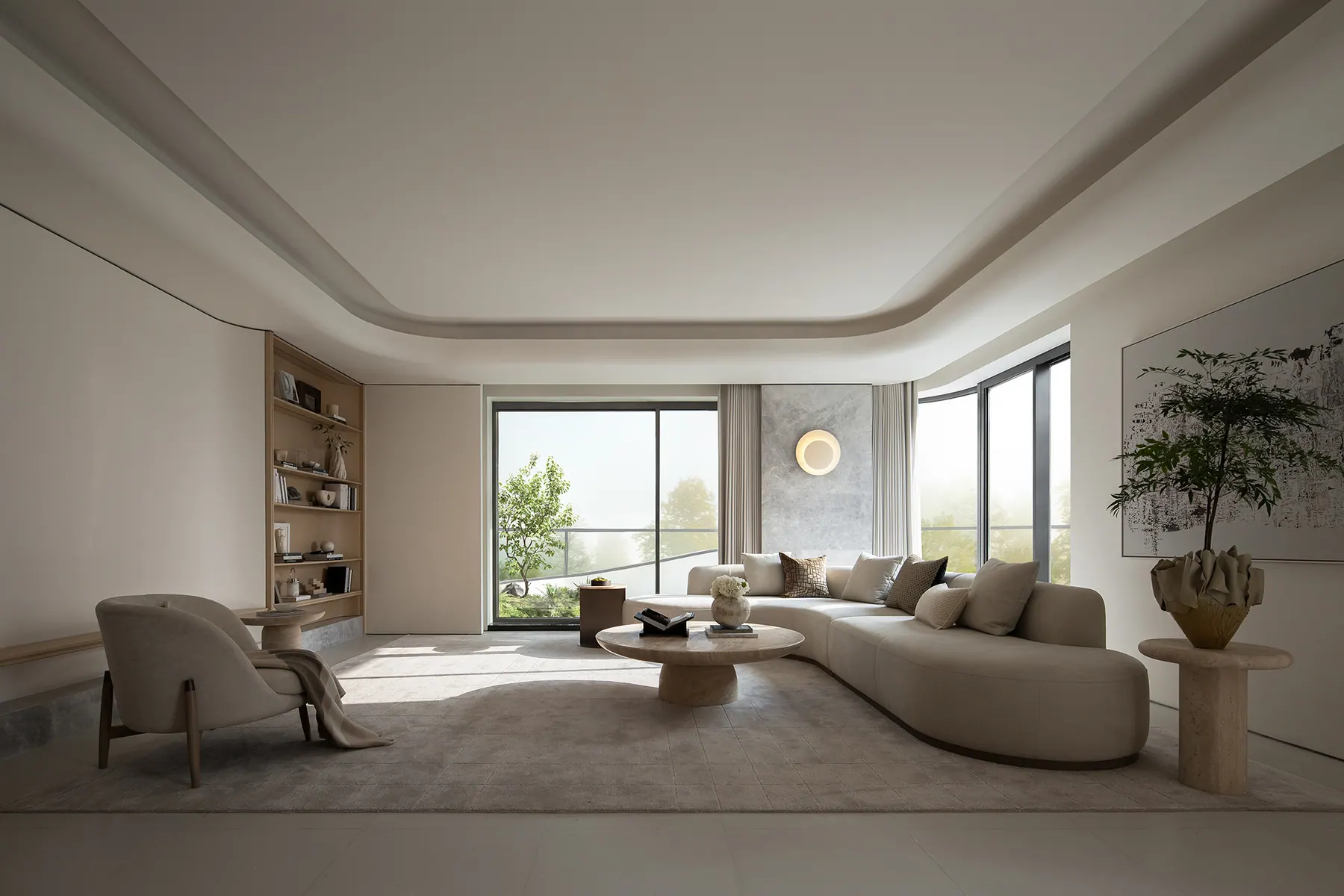 Contemporary Chinese residential interior with warm light and calm materials