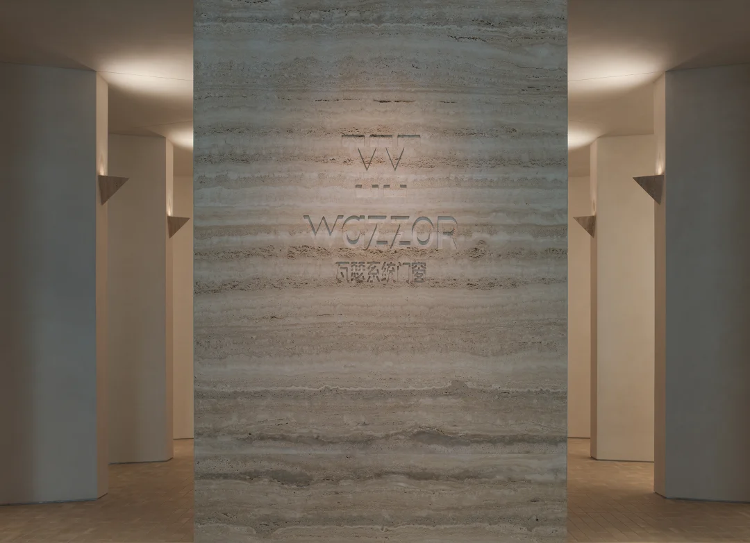 Showroom circulation framed by windows and doors