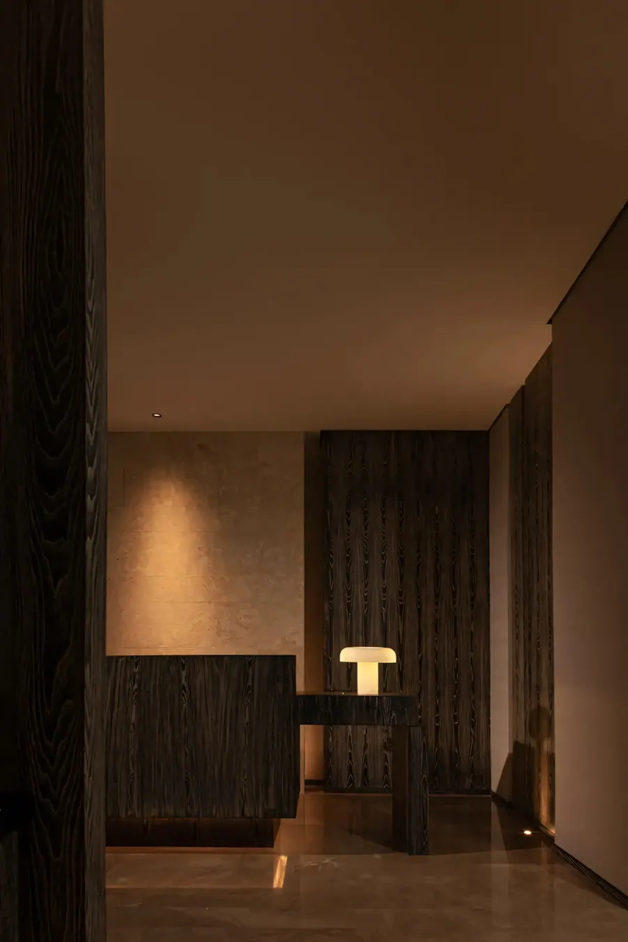 Timber and soft lighting inside Liuli Huanggong