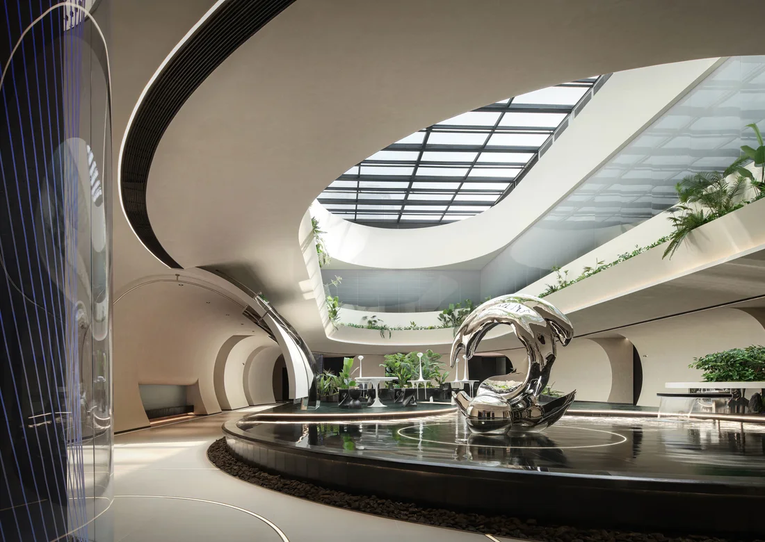 Curved showroom atrium with skylight